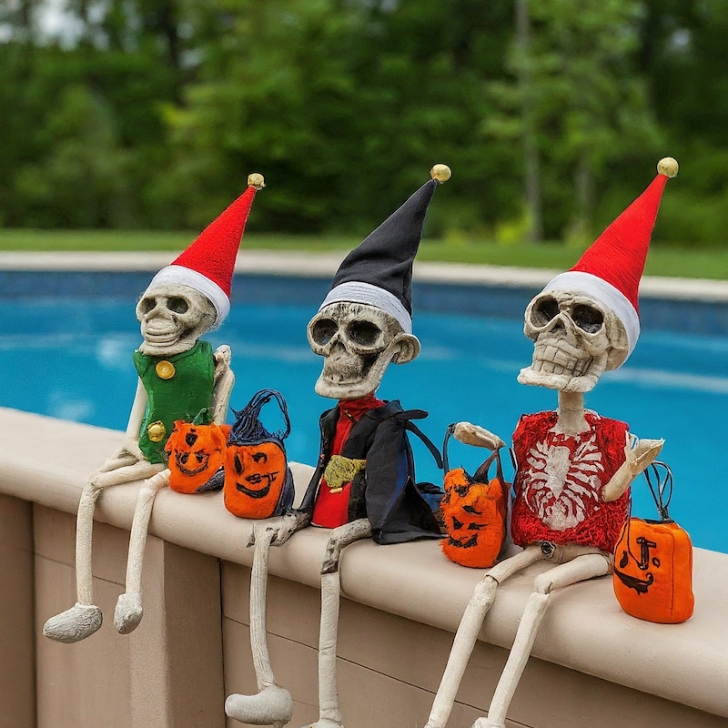 Santa Skeletons sitting on the edge of a pool, infiltrating summer.